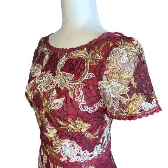 MARCHESA NOTTE Embroidered Guipure Tea Dress 4 Floral Metallic Party Evening - Picture 10 of 16